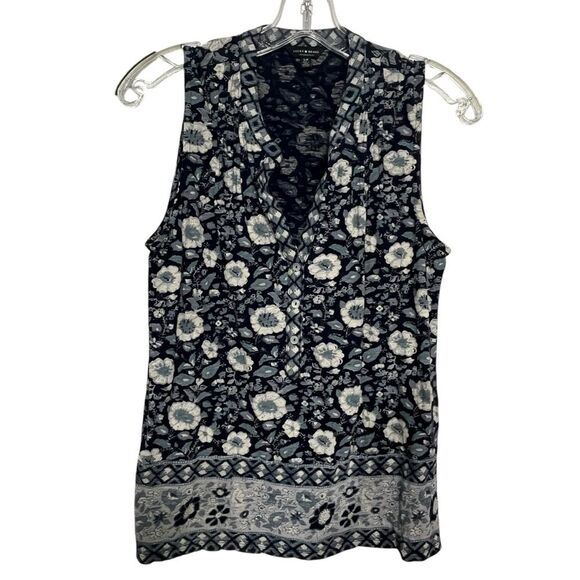 Lucky Brand Blue White Floral Henley Style Tank Top - Picture 1 of 6